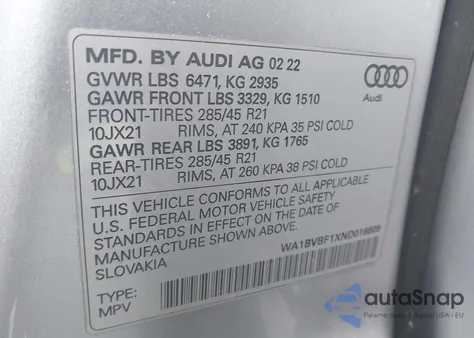 2022 Audi Q8 Premium Plus 55 Tfsi Quattro Tiptronic z USA, uszkodzony, nr VIN WA1BVBF1XND016609